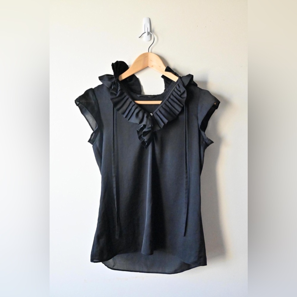 Club Monaco Black Scalloped Silk Top